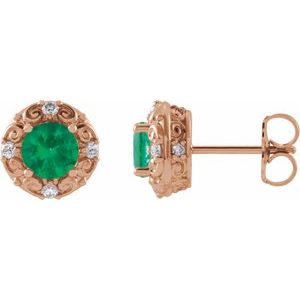14K Rose Gold 4 mm Natural Emerald & 1/10 CTW Natural Diamond Halo-Style Earrings