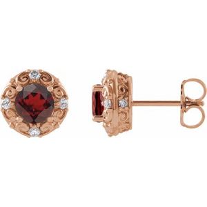 14K Rose Gold 4 mm Natural Mozambique Garnet & 1/10 CTW Natural Diamond Halo-Style Earrings