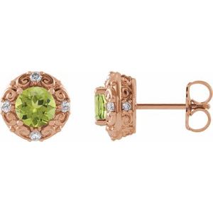 14K Rose Gold 5 mm Natural Peridot & 1/6 CTW Natural Diamond Halo-Style Earrings