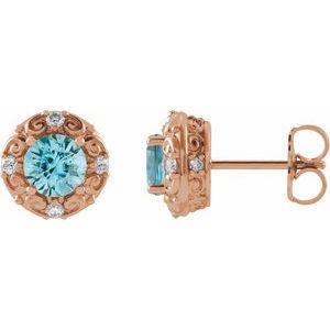 14K Rose Gold 4 mm Natural Blue Zircon & 1/10 CTW Natural Diamond Halo-Style Earrings