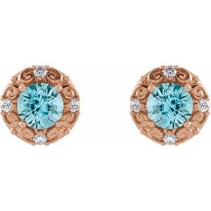 14K Rose Gold 4 mm Natural Blue Zircon & 1/10 CTW Natural Diamond Halo-Style Earrings – image 2