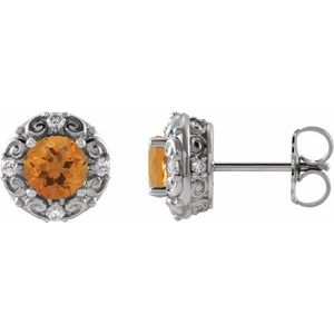 14K White Gold 6 mm Natural Citrine & 1/4 CTW Natural Diamond Halo-Style Earrings