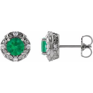 14K White Gold 6 mm Natural Emerald & 1/4 CTW Natural Diamond Halo-Style Earrings