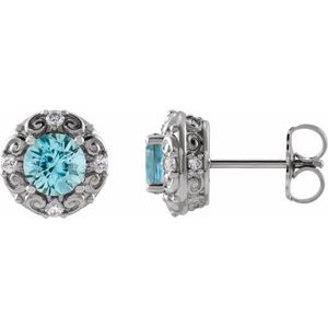 14K White Gold 4 mm Natural Blue Zircon & 1/10 CTW Natural Diamond Halo-Style Earrings