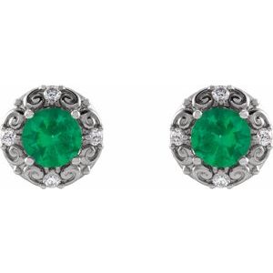 Platinum 5 mm Natural Emerald & 1/6 CTW Natural Diamond Halo-Style Earrings – image 2