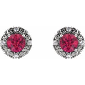 14K White Gold 4 mm Lab-Grown Ruby & 1/10 CTW Natural Diamond Halo-Style Earrings – image 2