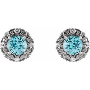 Platinum 4 mm Natural Blue Zircon & 1/10 CTW Natural Diamond Halo-Style Earrings – image 2