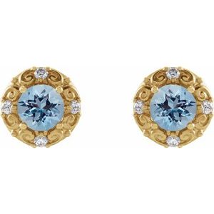 14K Yellow Gold 4 mm Natural Aquamarine & 1/10 CTW Natural Diamond Halo-Style Earrings – image 2
