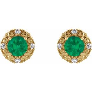 14K Yellow Gold 4 mm Lab-Grown Emerald & 1/10 CTW Natural Diamond Halo-Style Earrings – image 2