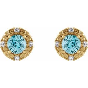 14K Yellow Gold 6 mm Natural Blue Zircon & 1/4 CTW Natural Diamond Halo-Style Earrings – image 2