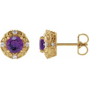 14K Yellow Gold 4 mm Natural Amethyst & 1/10 CTW Natural Diamond Halo-Style Earrings