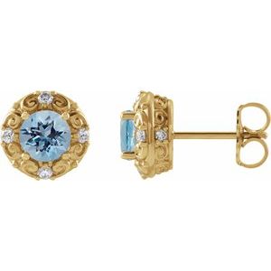 14K Yellow Gold 6 mm Natural Aquamarine & 1/4 CTW Natural Diamond Halo-Style Earrings