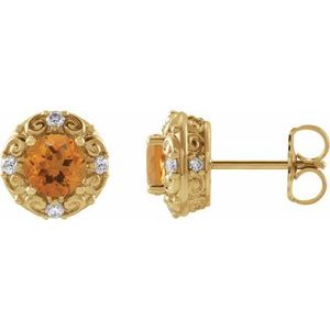14K Yellow Gold 4 mm Natural Citrine & 1/10 CTW Natural Diamond Halo-Style Earrings