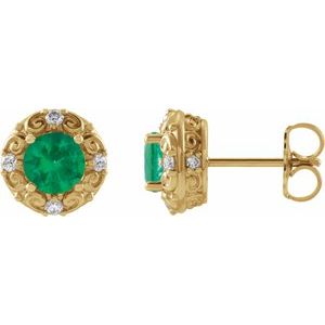 14K Yellow Gold 6 mm Lab-Grown Emerald & 1/4 CTW Natural Diamond Halo-Style Earrings