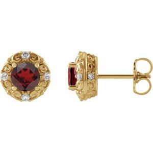 14K Yellow Gold 5 mm Natural Mozambique Garnet & 1/6 CTW Natural Diamond Halo-Style Earrings