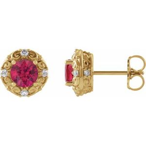 14K Yellow Gold 5 mm Lab-Grown Ruby & 1/6 CTW Natural Diamond Halo-Style Earrings