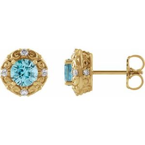14K Yellow Gold 5 mm Natural Blue Zircon & 1/6 CTW Natural Diamond Halo-Style Earrings