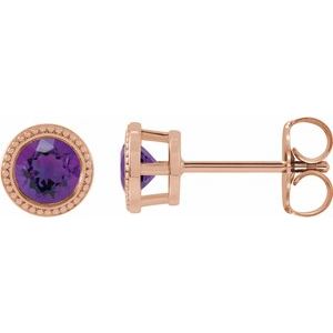 14K Rose Gold 4 mm Natural Amethyst Beaded Bezel-Set Earrings