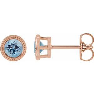 14K Rose Gold 3 mm Natural Aquamarine Beaded Bezel-Set Earrings