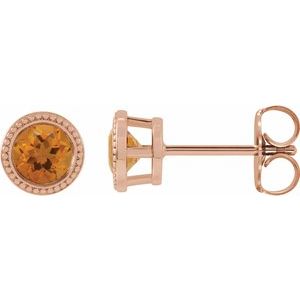 14K Rose Gold 6 mm Natural Citrine Beaded Bezel-Set Earrings