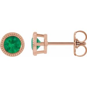 14K Rose Gold 4 mm Natural Emerald Beaded Bezel-Set Earrings