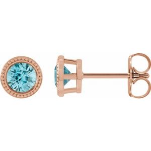 14K Rose Gold 4 mm Natural Blue Zircon Beaded Bezel-Set Earrings
