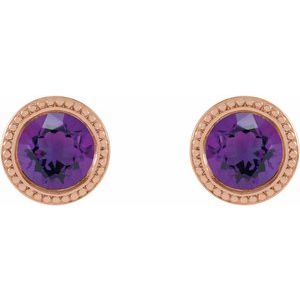 14K Rose Gold 5 mm Natural Amethyst Beaded Bezel-Set Earrings – image 2