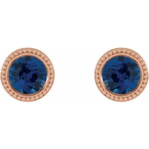 14K Rose Gold 3.5 mm Lab-Grown Blue Sapphire Beaded Bezel-Set Earrings – image 2