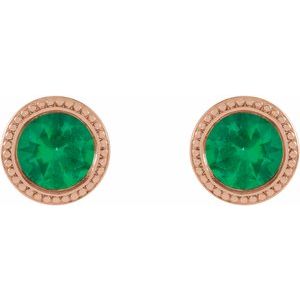 14K Rose Gold 4 mm Natural Emerald Beaded Bezel-Set Earrings – image 2