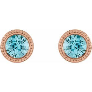14K Rose Gold 3 mm Natural Blue Zircon Beaded Bezel-Set Earrings – image 2