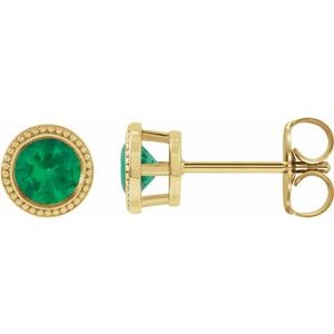 14K Yellow Gold 3.5 mm Lab-Grown Emerald Beaded Bezel-Set Earrings