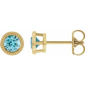 14K Yellow Gold 4.5 mm Natural Blue Zircon Beaded Bezel-Set Earrings