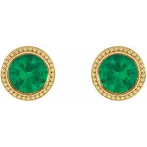 14K Yellow Gold 4 mm Lab-Grown Emerald Beaded Bezel-Set Earrings – image 2