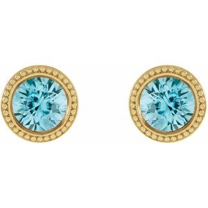 14K Yellow Gold 4 mm Natural Blue Zircon Beaded Bezel-Set Earrings – image 2