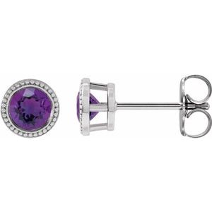 Sterling Silver 4 mm Natural Amethyst Beaded Bezel-Set Earrings