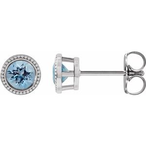 14K White Gold 5 mm Natural Aquamarine Beaded Bezel-Set Earrings