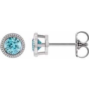 14K White Gold 4 mm Natural Blue Zircon Beaded Bezel-Set Earrings