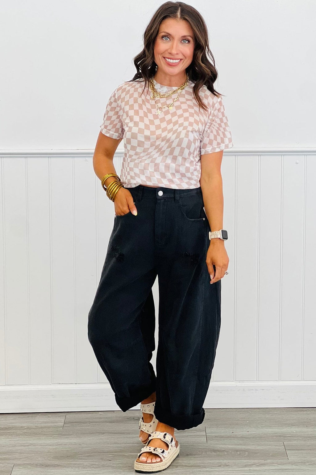 Checker Mesh Mock Neck Short Sleeve T-Shirt