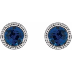 14K White Gold 4 mm Lab-Grown Blue Sapphire Beaded Bezel-Set Earrings – image 2