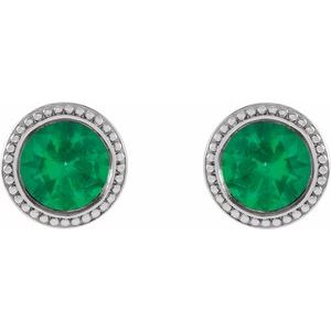 Sterling Silver 6 mm Natural Emerald Beaded Bezel-Set Earrings – image 2