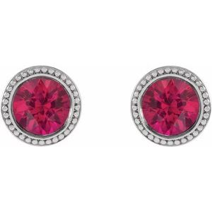 Platinum 4 mm Lab-Grown Ruby Beaded Bezel-Set Earrings – image 2