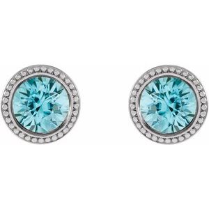 14K White Gold 5 mm Natural Blue Zircon Beaded Bezel-Set Earrings – image 2