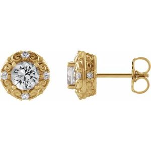 14K Yellow Gold 6 mm Natural White Sapphire & 1/4 CTW Natural Diamond Halo-Style Earrings