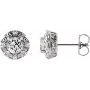 Sterling Silver 4 mm Natural White Sapphire & 1/10 CTW Natural Diamond Halo-Style Earrings