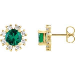 14K Yellow Gold Lab-Grown Emerald & 1/5 CTW Natural Diamond Earrings