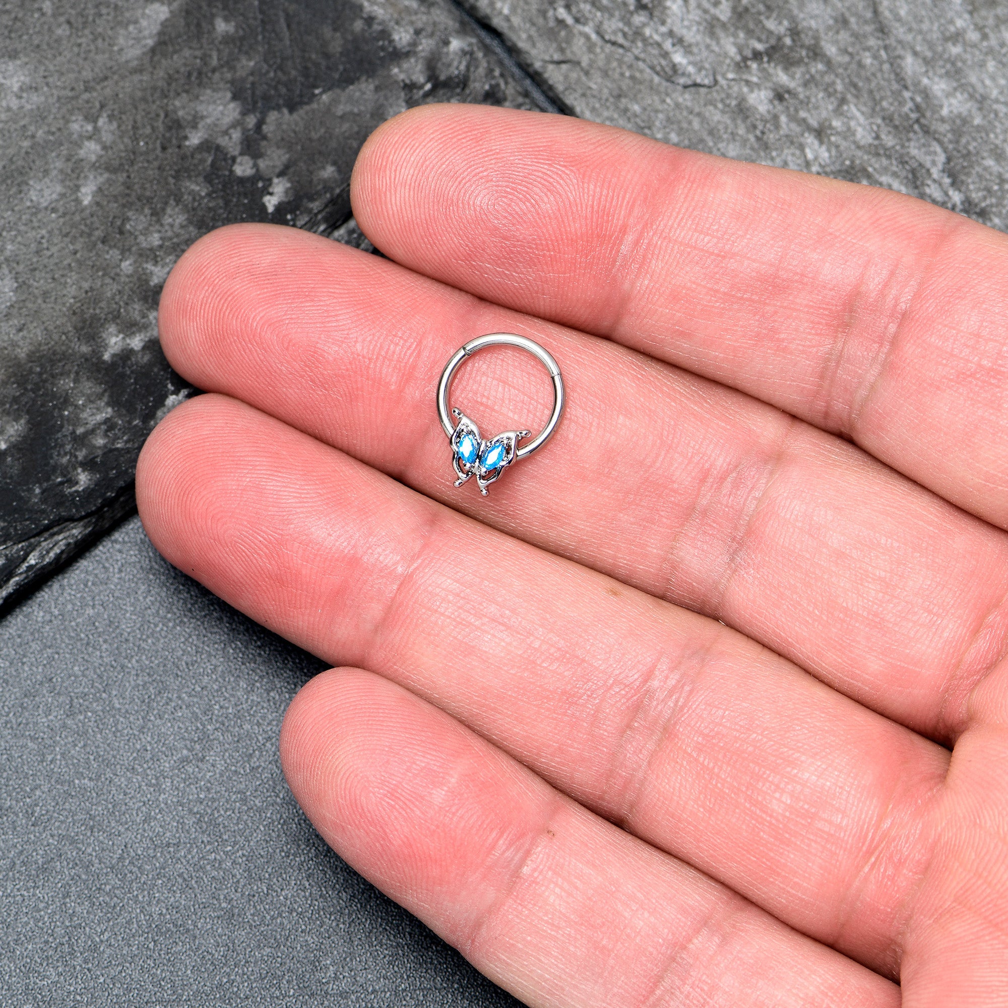 16G 3/8 Blue Gem Fancy Fab Butterfly Hinged Segment Ring