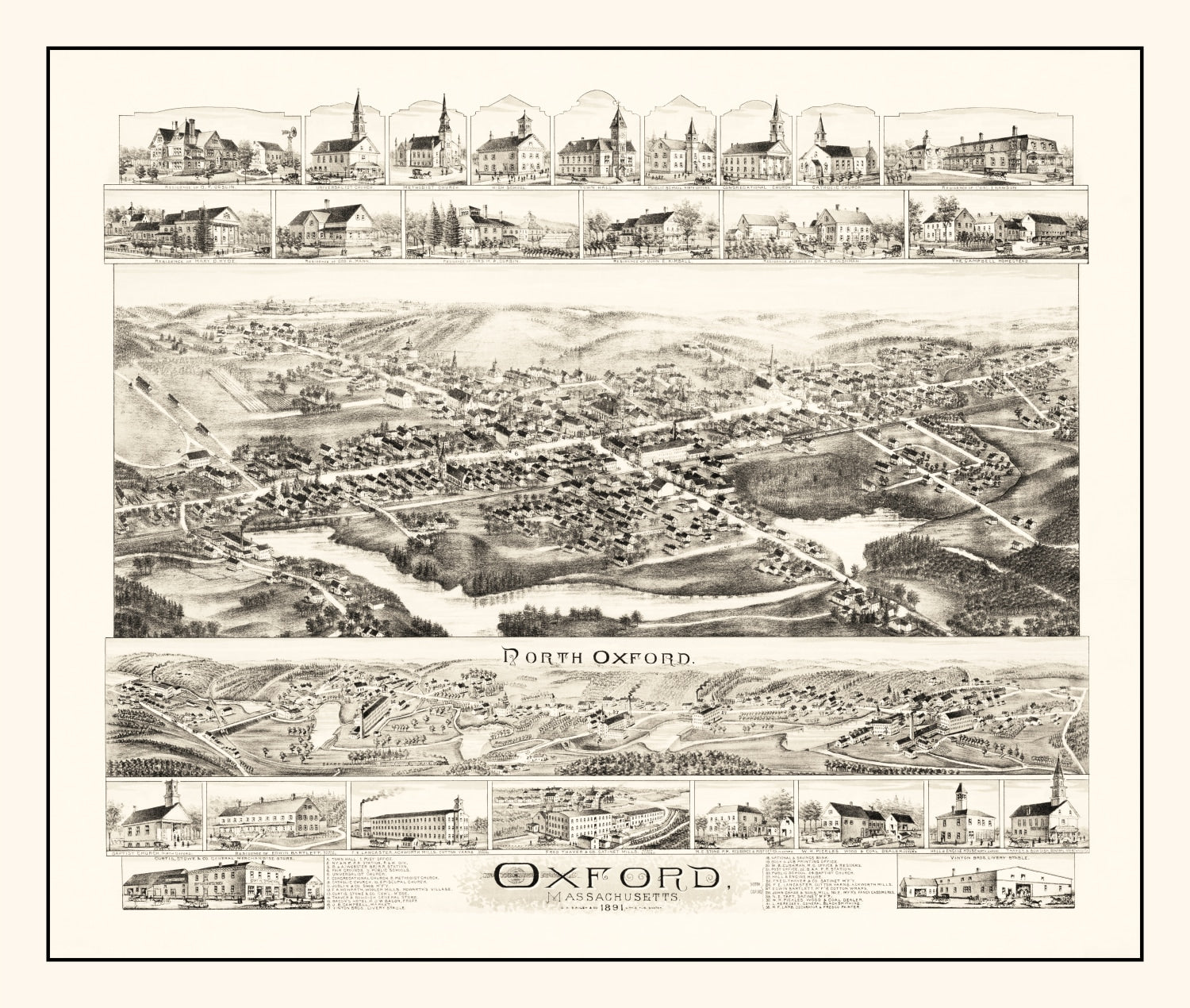 Vintage Map of Oxford, Massachusetts 1891