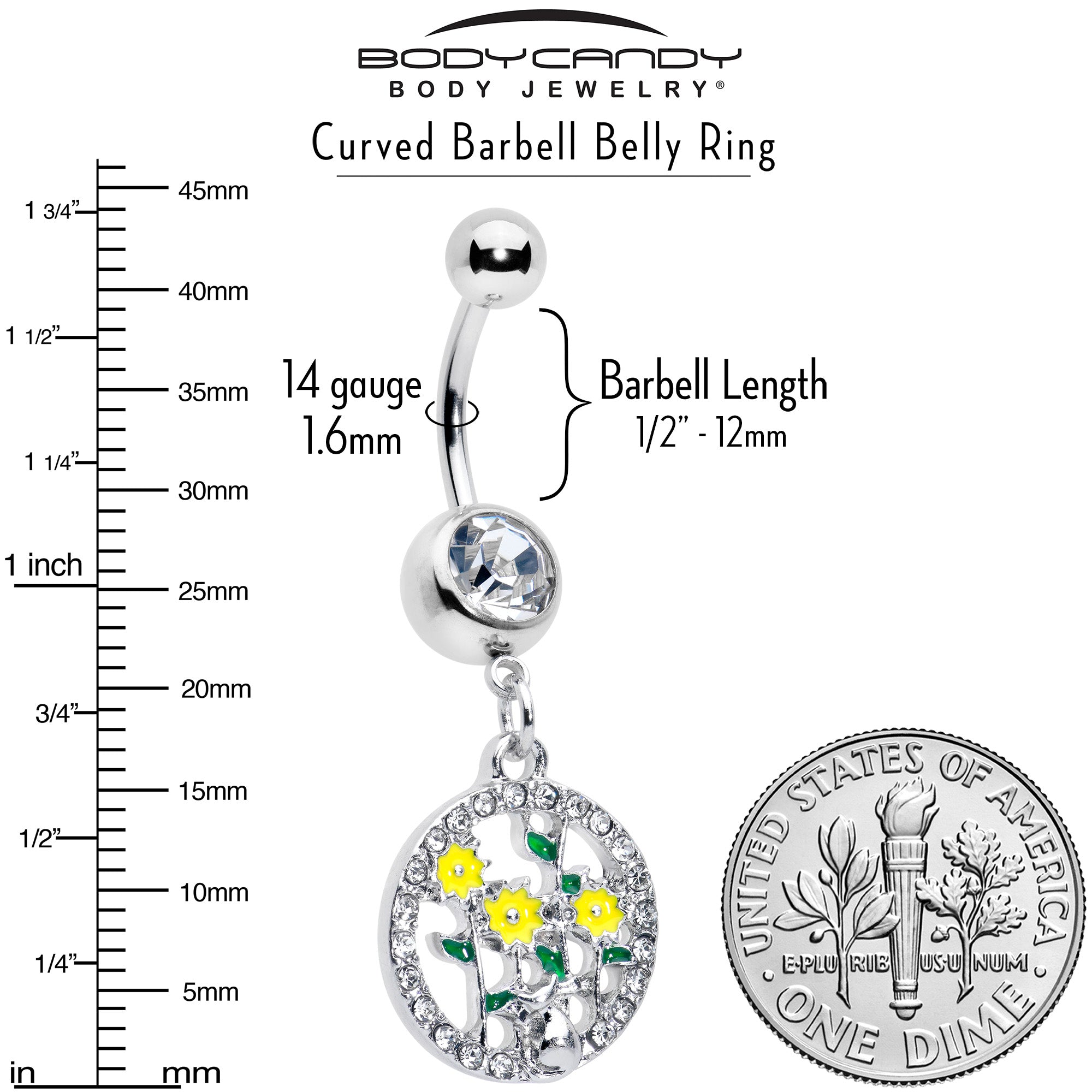 Clear Gem Cat Yellow Flowers Dangle Belly Ring
