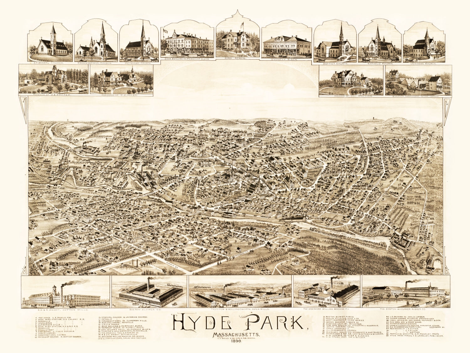 Vintage Map of Hyde Park, Massachusetts 1890