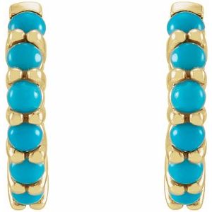 14K Yellow Gold Natural Turquoise Cabochon Hinged 12.2 mm Hoop Earrings